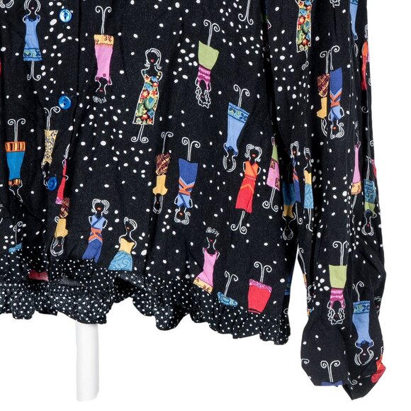Cactus Flower VTG Fashion Blouse XL Womens Button Up Black Models Rayon USA - Picture 3 of 5